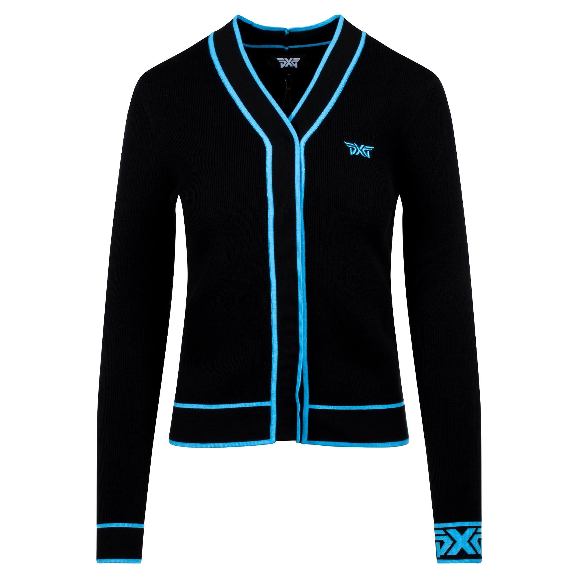 PXG Varsity V-Neck Ladies Golf Cardigan in Black/Blue – Front View